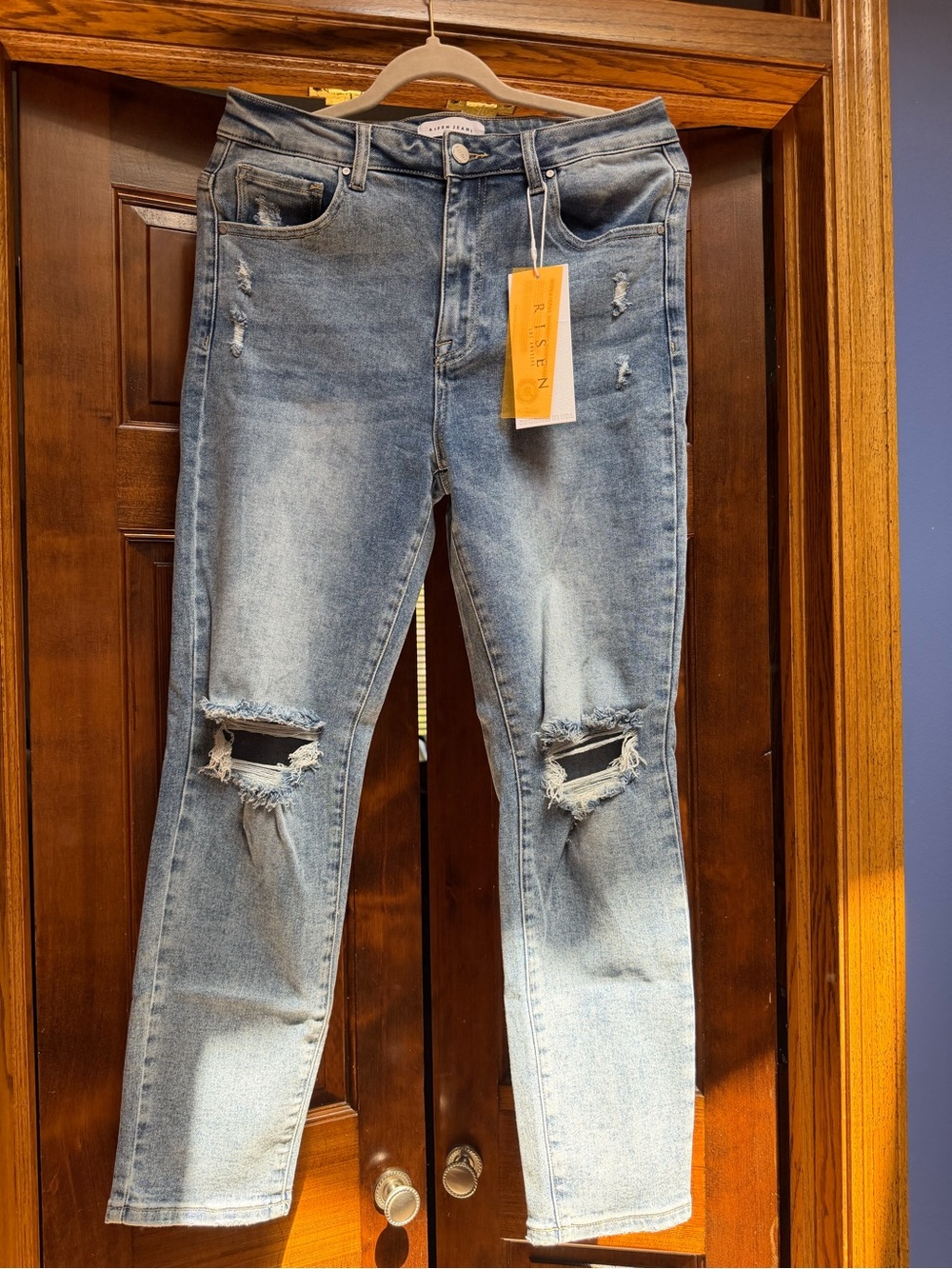 Risen Women’s High-Rise Distressed Medium Blue Skinny Jeans — Size 13/31